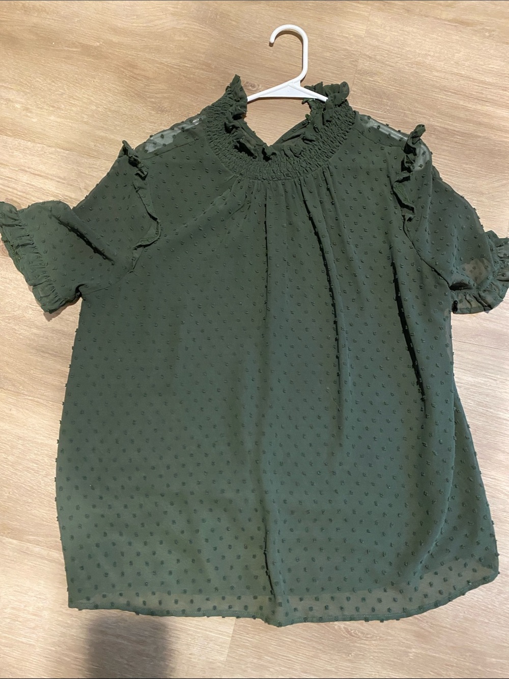 Wishlist Olive Green Swiss Dot Ruffle Mock Neck Blouse